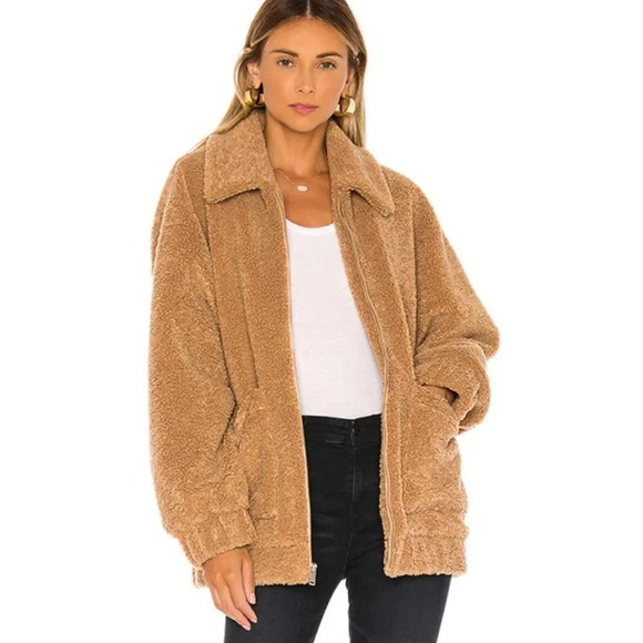 UGG Kaley Jackeline Camel Teddy Bear Oversized Jacket Zip Up Fur Coat Size Small - Picture 1 of 10